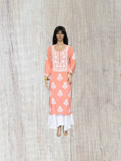 Lucknowi Chikankari Pinkish Orange Modal Kurti-K000100