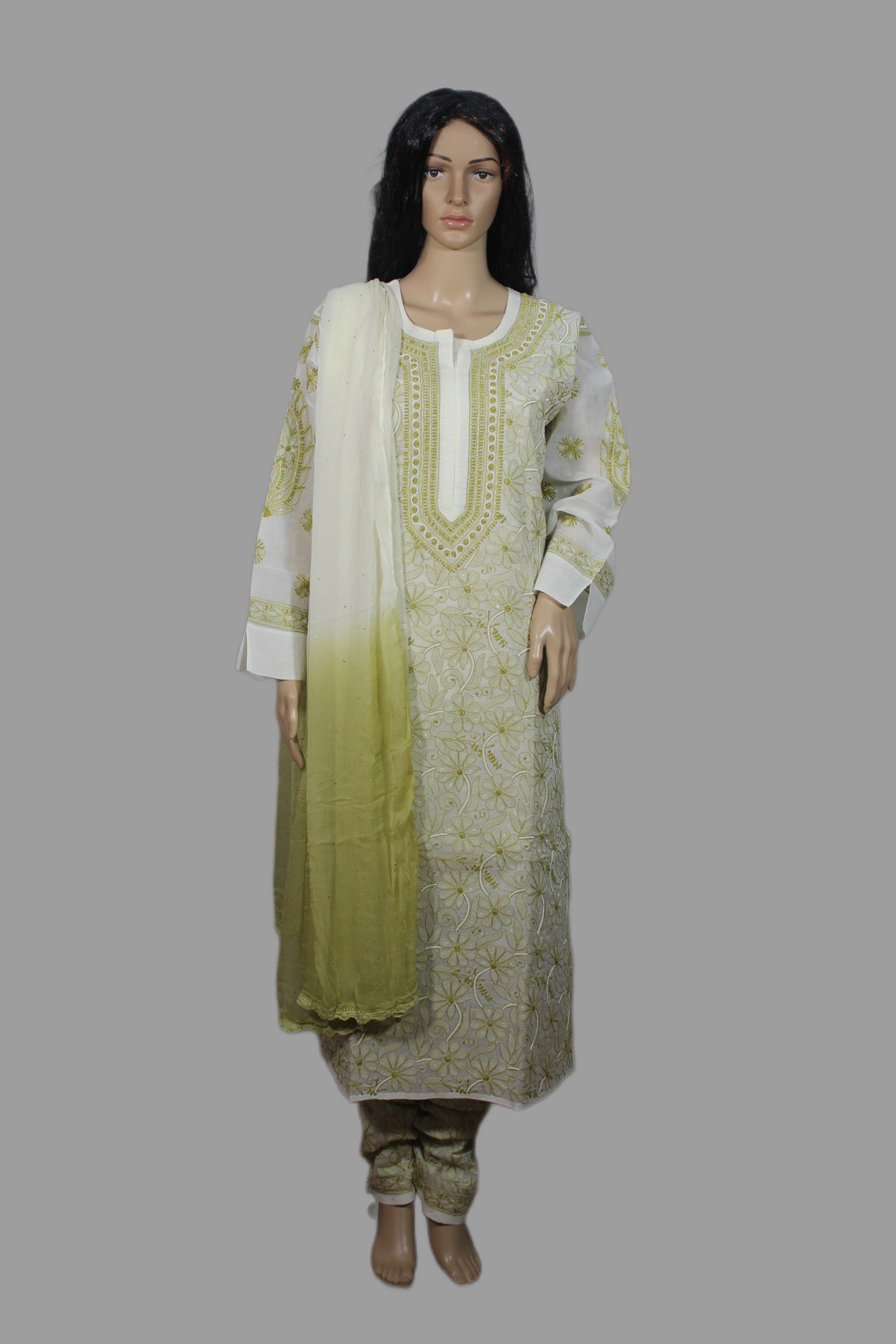 Lucknowi Chikankari Cream Cotton 3 Piece Kurta-Chudidar Pyjama-Dupatta Set-PJ00008