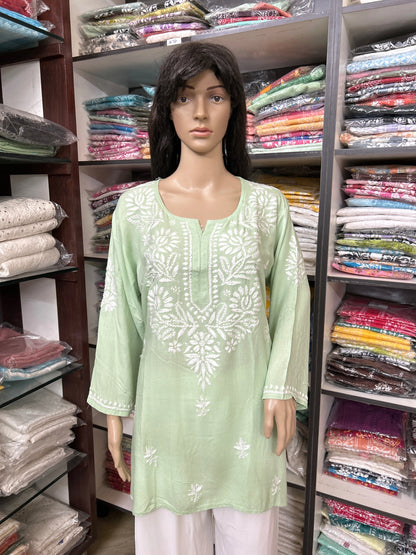 Lucknowi Chikankari Green 'Bahar' Rayon Short Kurti-T70001