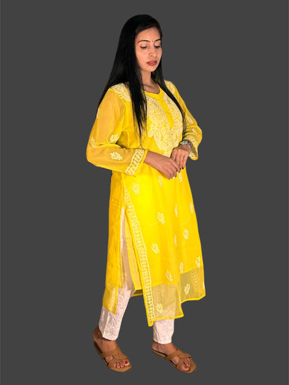 Lucknowi Chikankari Yellow Georgette Kurti-K000052