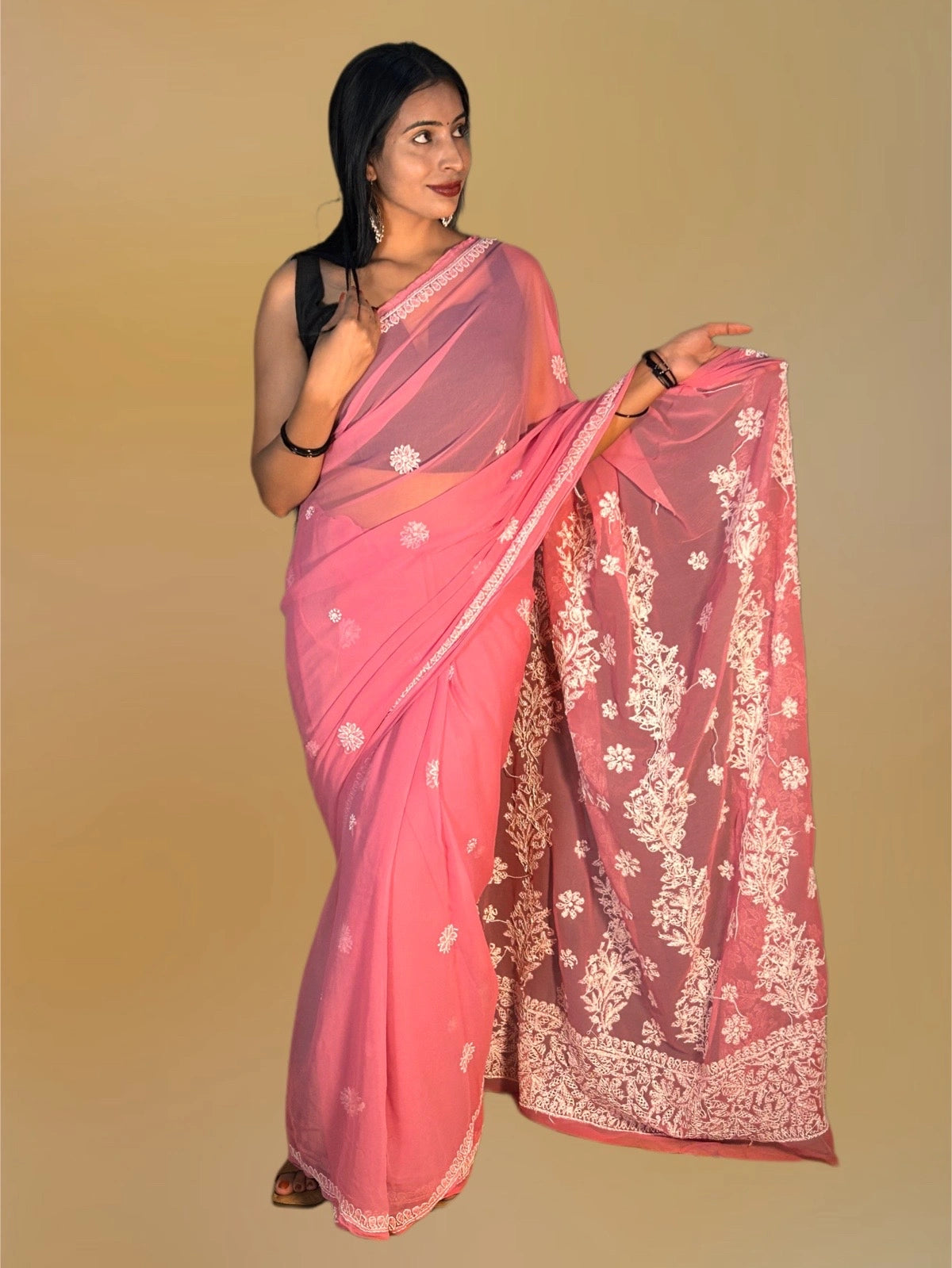 Lucknowi Chikankari Pink Georgette Saree (With Blouse)-S00010