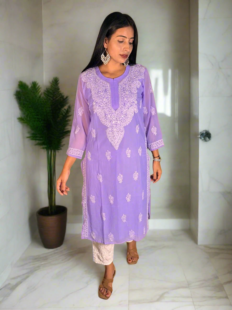 Lucknowi Chikankari Purple Georgette Kurti-K000064