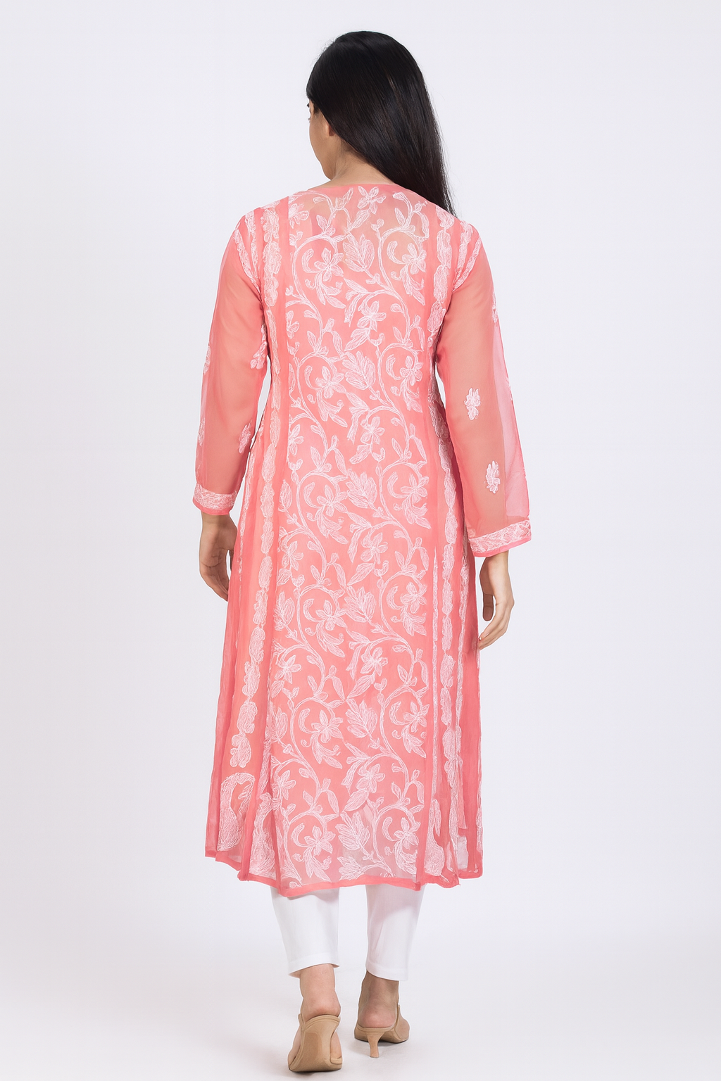 Lucknow Chikankari Peach 'Aarooi' Georgette Anarkali-K000006