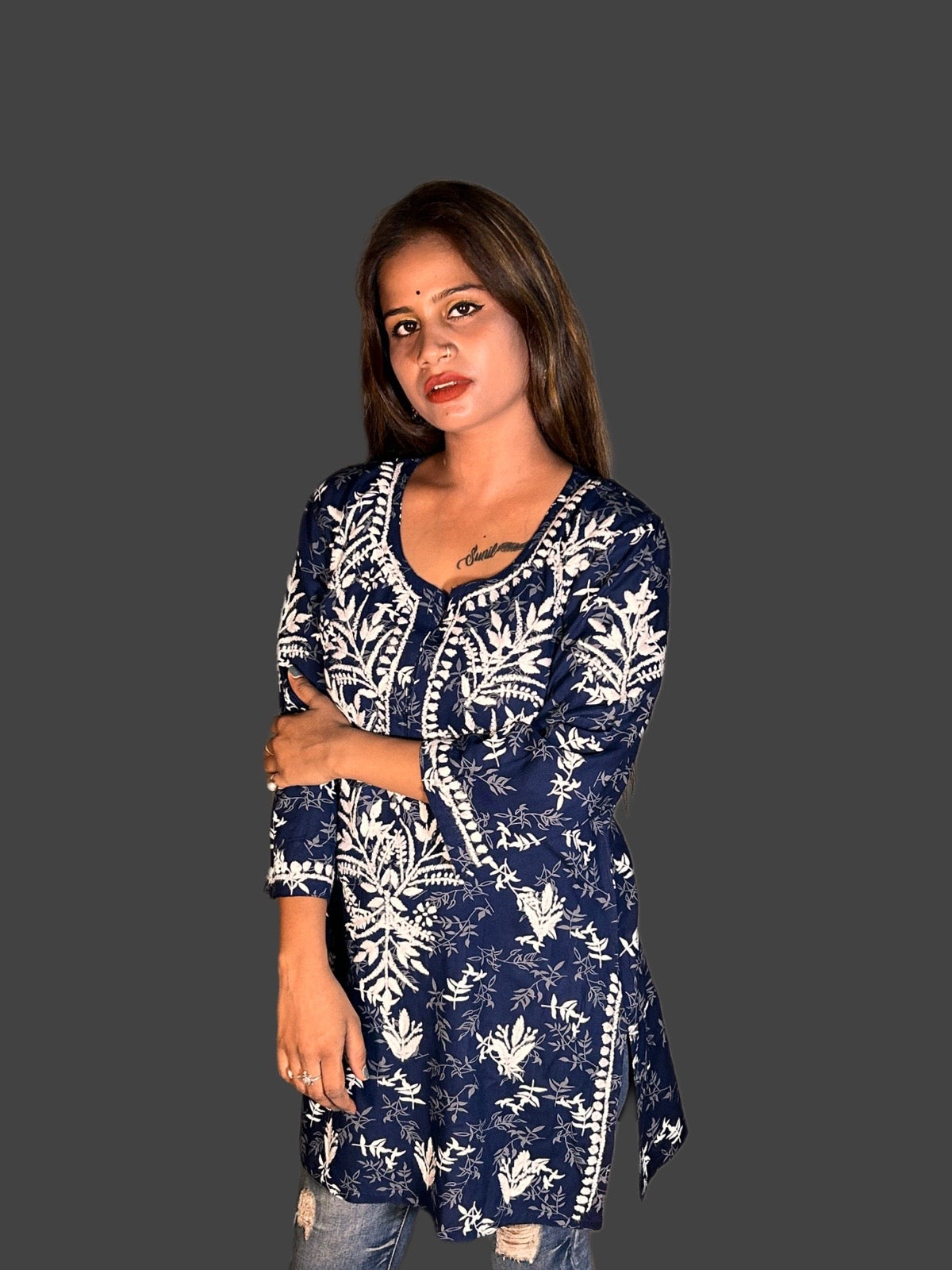 Lucknowi Chikankari Navy Blue 'Aab-e-Asmaan' Printed Rayon Short Kurti-T000002