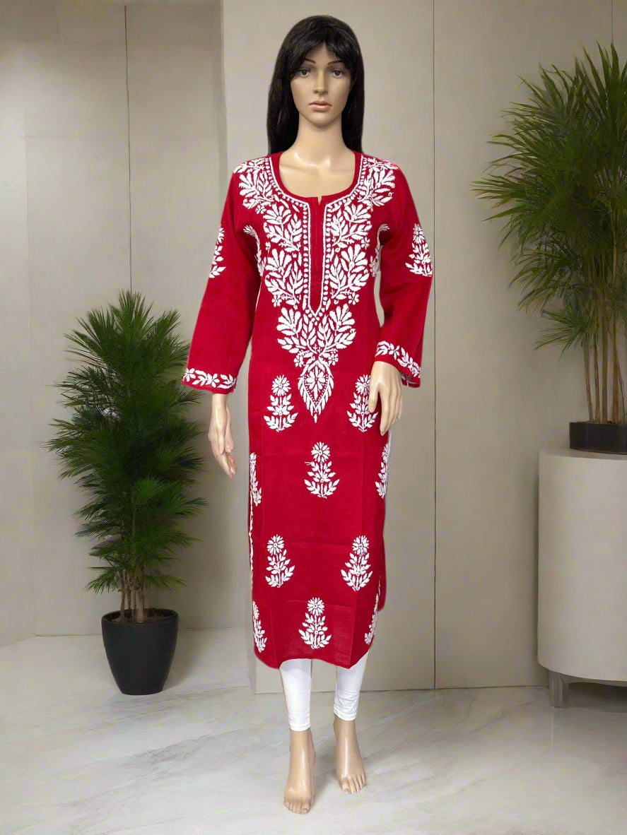 Lucknowi Chikankari Red Cotton Kurti-K000111