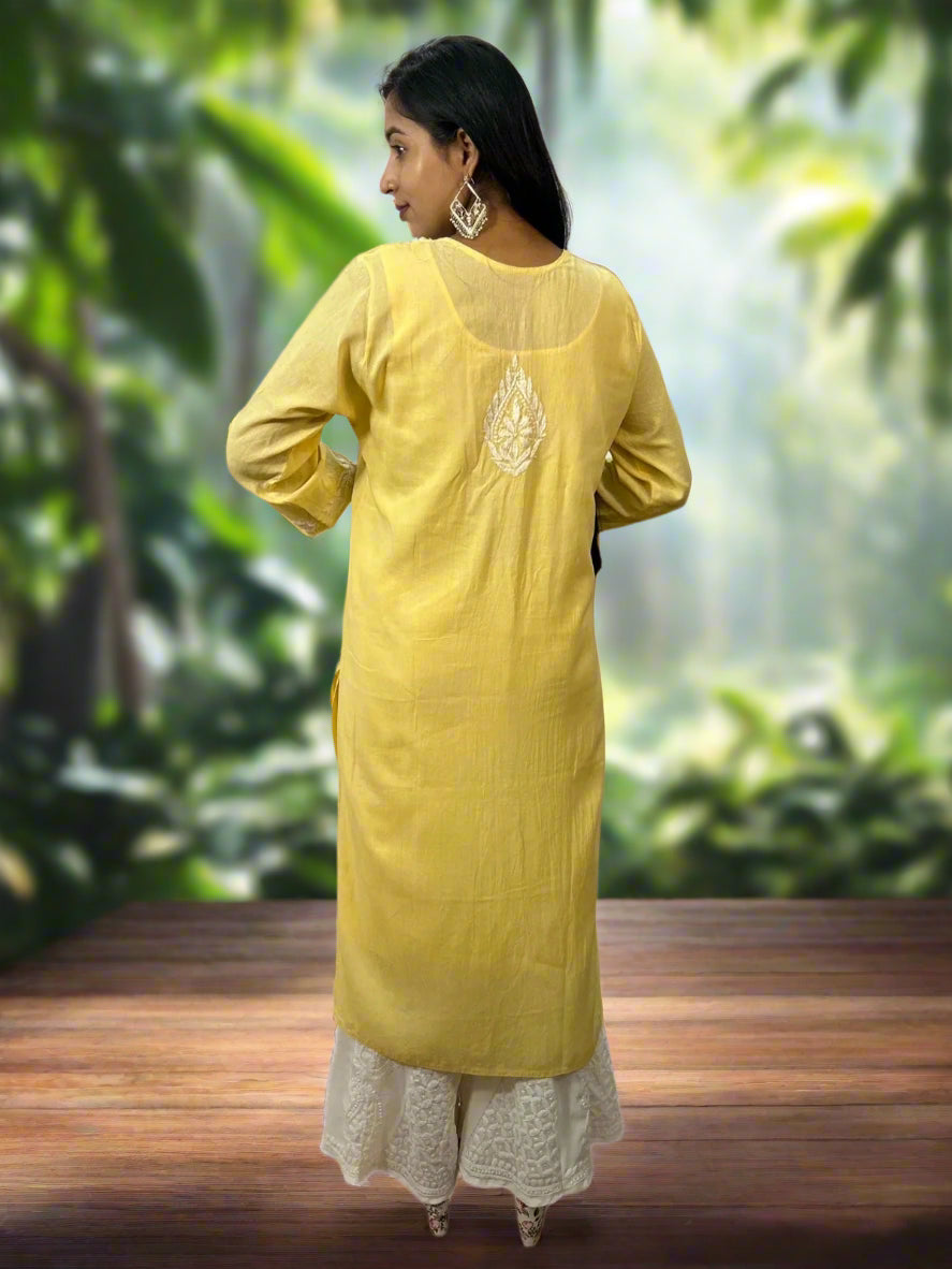 Lucknowi Chikankari Yellow Cotton Kurti-K000107