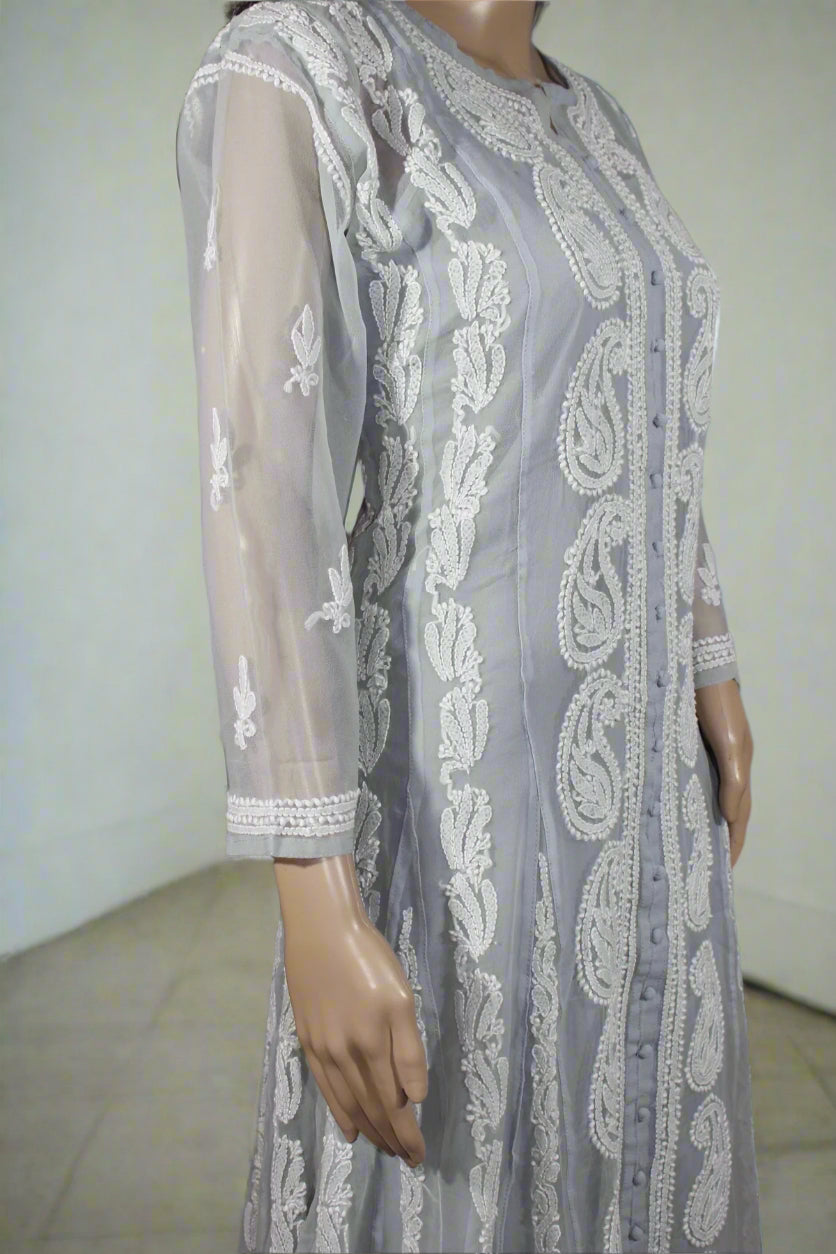 Lucknow Chikankari Grey Georgette Anarkali-K000008