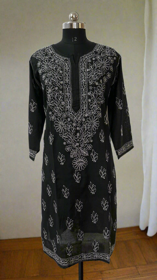 Lucknowi Chikankari Plus Size Black Cotton Kurti-Pl100006