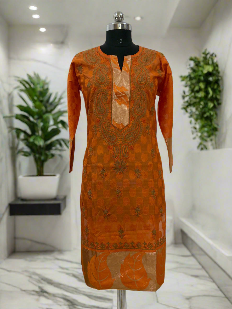 Lucknowi Chikankari Orange Chanderi Kurti-PE00009