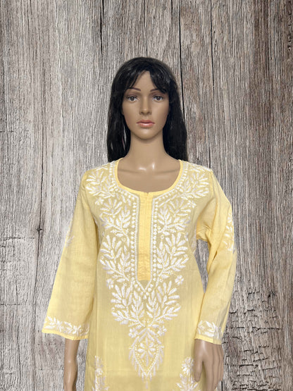 Lucknowi Chikankari Yellow Cotton Kurti-K000107
