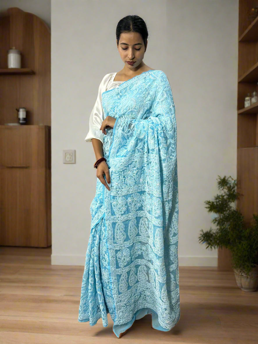 Lucknowi Chikankari Sky Blue Georgette Saree (With Blouse)-PF100008