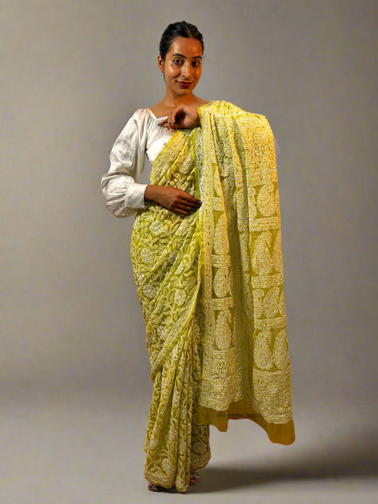 Lucknowi Chikankari Yellow Georgette Saree (With Blouse)-PF100010