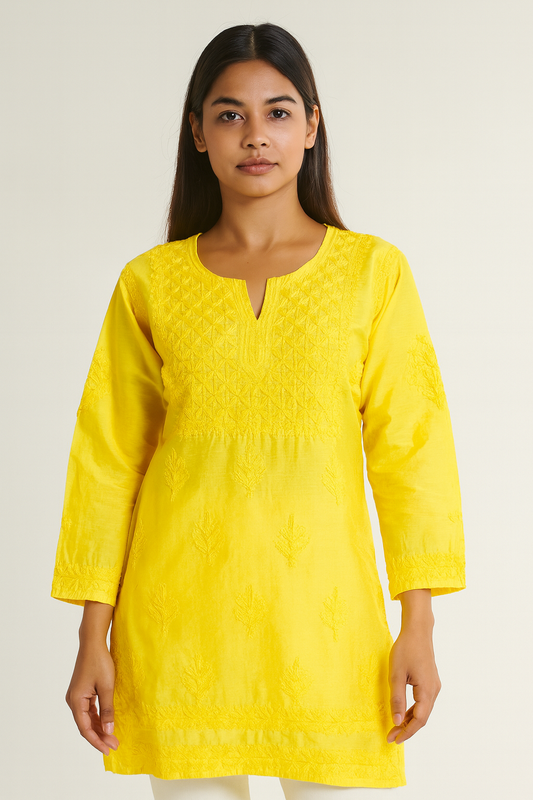 Lucknowi Chikankari Yellow 'Sunehri' Chanderi Short Kurti-T30018