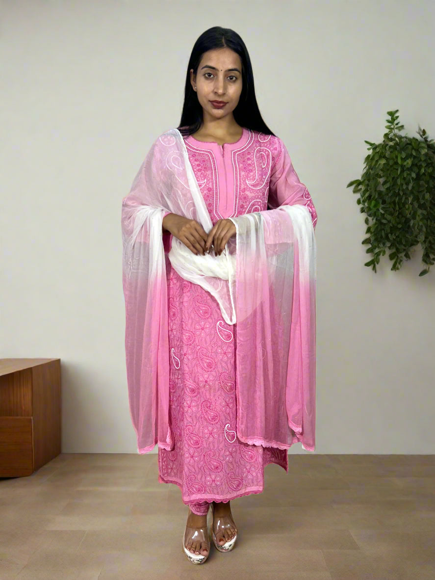 Lucknowi Chikankari Pink Cotton 3 Piece Kurta-Chudidar Pyjama-Dupatta Set-PJ00006