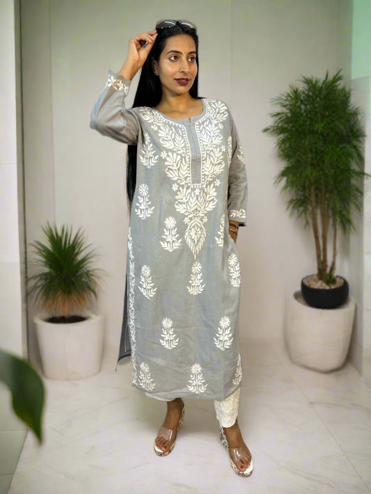 Lucknowi Chikankari Grey Cotton Kurti-K000104