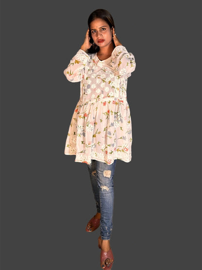 Lucknowi Chikankari White Printed Georgette Angrakha Styled Short Kurti-T000008