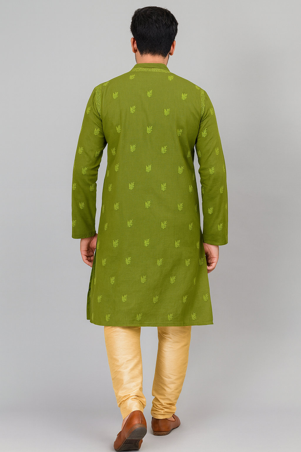 Lucknowi Chikankari Green 'Bahar' Cotton Gents Kurta-GK00002