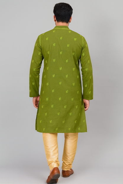 Lucknowi Chikankari Green 'Bahar' Cotton Gents Kurta-GK00002