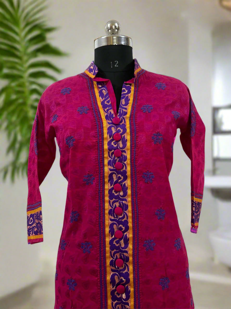 Lucknowi Chikankari Magenta Chanderi Kurti-PE00004