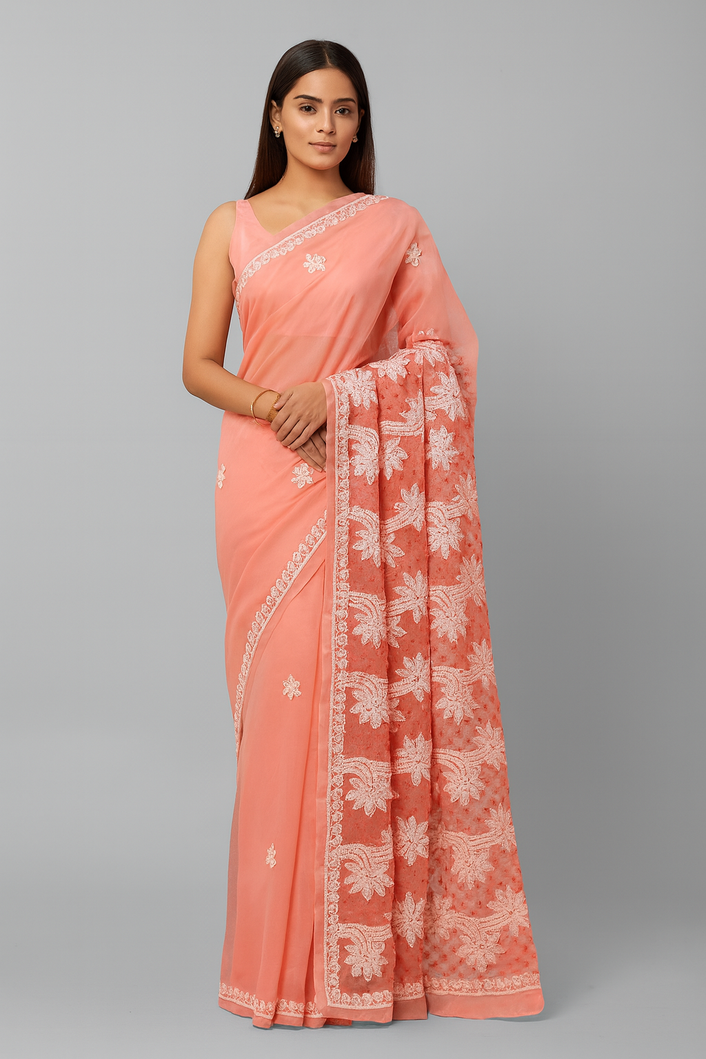 Lucknowi Chikankari Peach 'Aarooi' Georgette Saree (With Blouse)-S00038