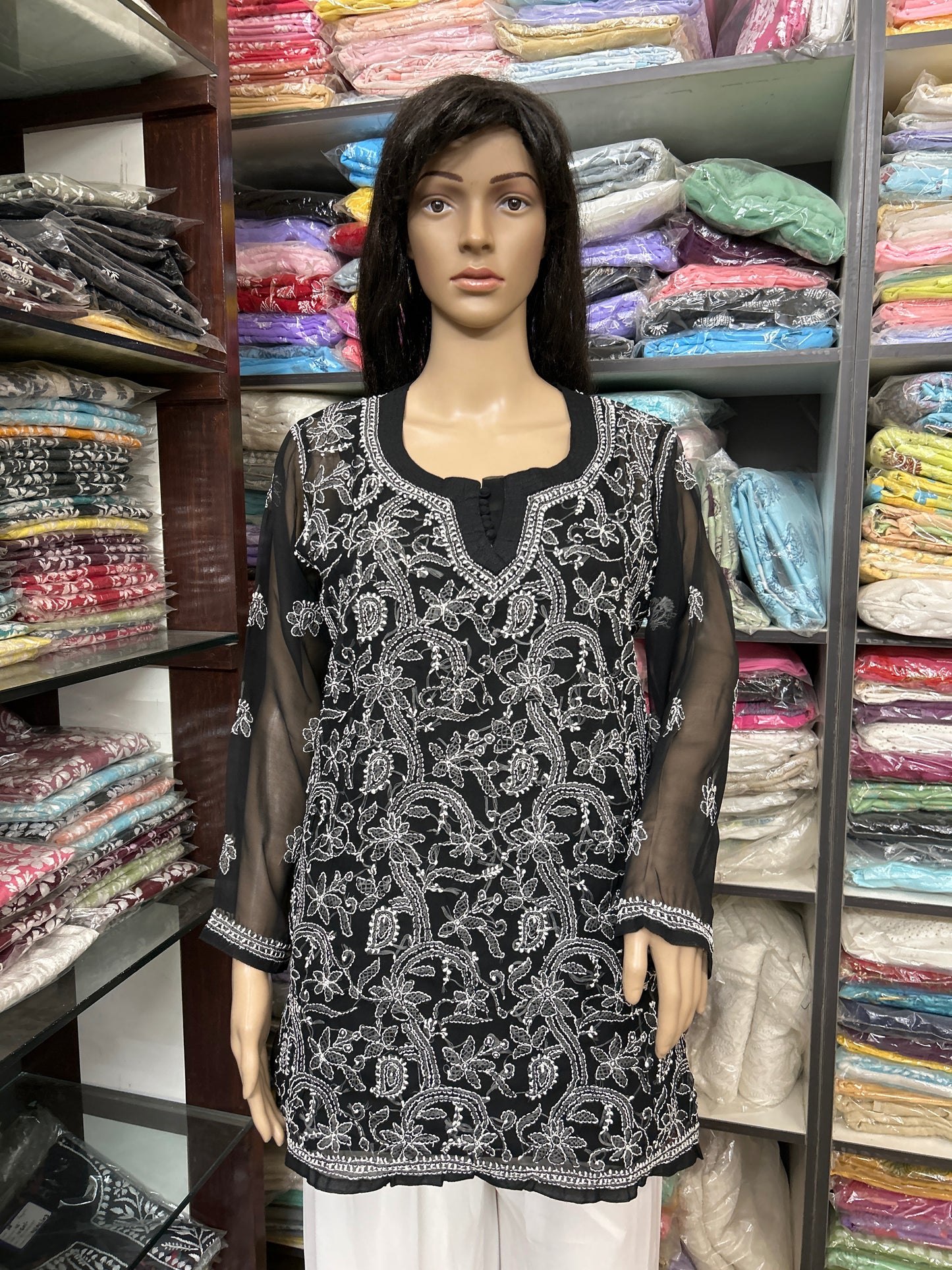 Lucknowi Chikankari Black 'Siah' Georgette Short Kurti-T50030