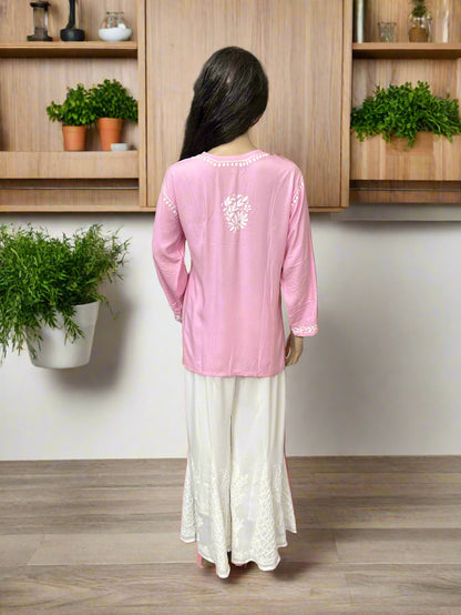 Lucknowi Chikankari Pink Rayon Short Kurti-T000074