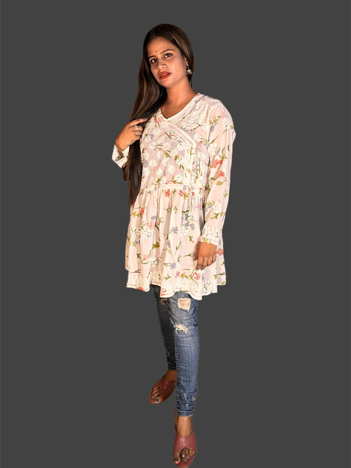 Lucknowi Chikankari White Printed Georgette Angrakha Styled Short Kurti-T000008