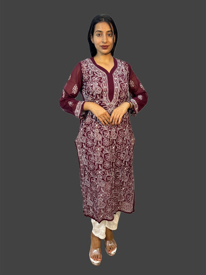 Lucknowi Chikankari Wine Georgette Kurti-K000039