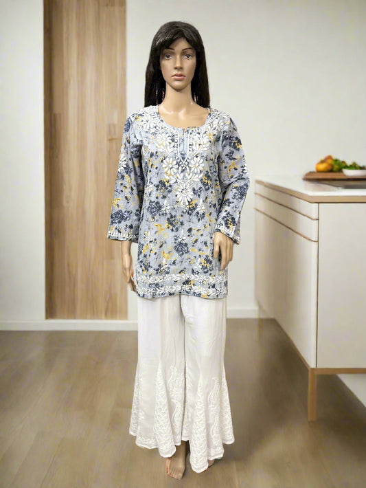 Lucknowi Chikankari Grey Printed Cotton Short Kurti-T000082