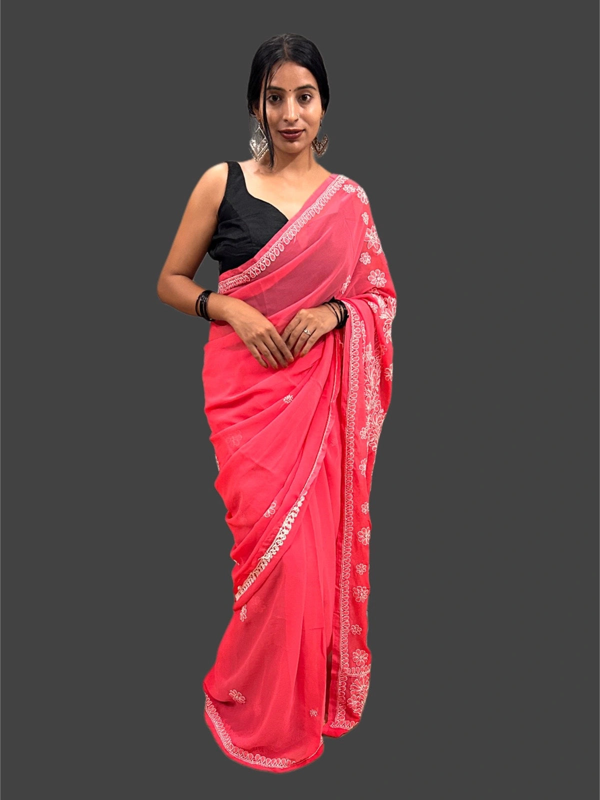 Lucknowi Chikankari Coral Pink Georgette Saree (With Blouse)-S00005