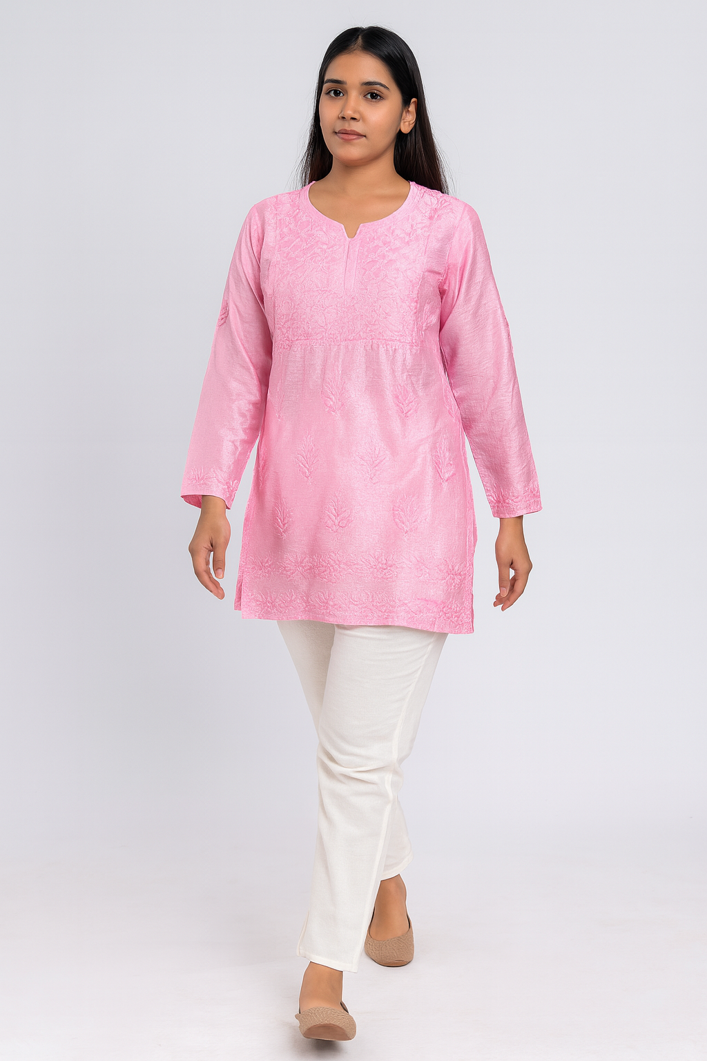 Lucknowi Chikankari Pink 'Shagufta' Chanderi Short Kurti-T20004