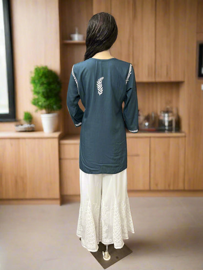 Lucknowi Chikankari Grey Rayon Short Kurti-T000081
