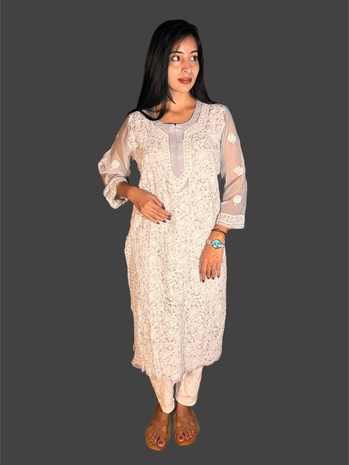 Lucknowi Chikankari Grey Georgette Kurti-K000045