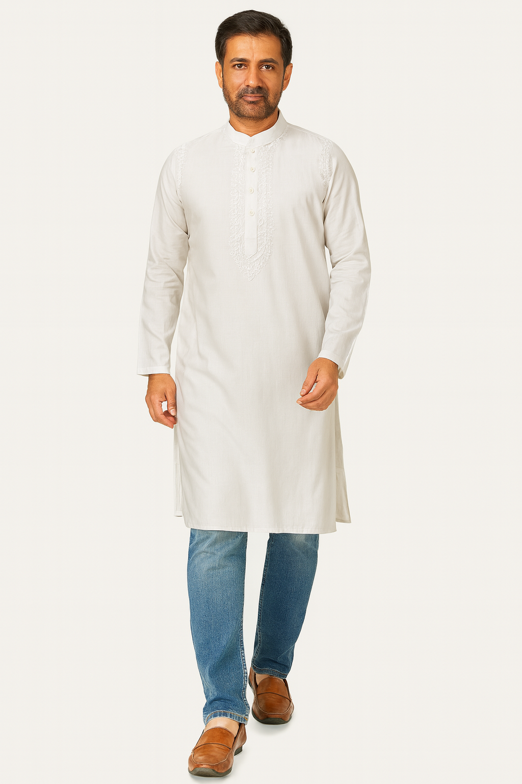 Lucknowi Chikankari White 'Ujaala' Cotton Gents Kurta-GK00006