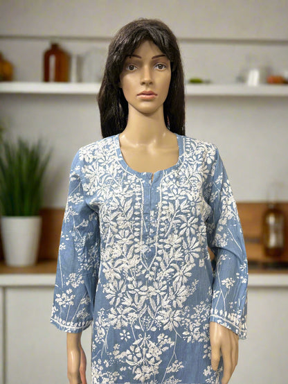 Lucknowi Chikankari Grey Printed Cotton Kurti-K000181