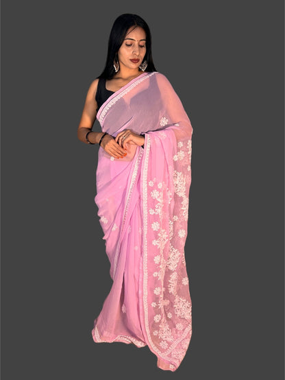 Lucknowi Chikankari Pink Georgette Saree (With Blouse)-S00011