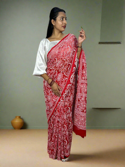 Lucknowi Chikankari Red Georgette Saree (With Blouse)-PF100007