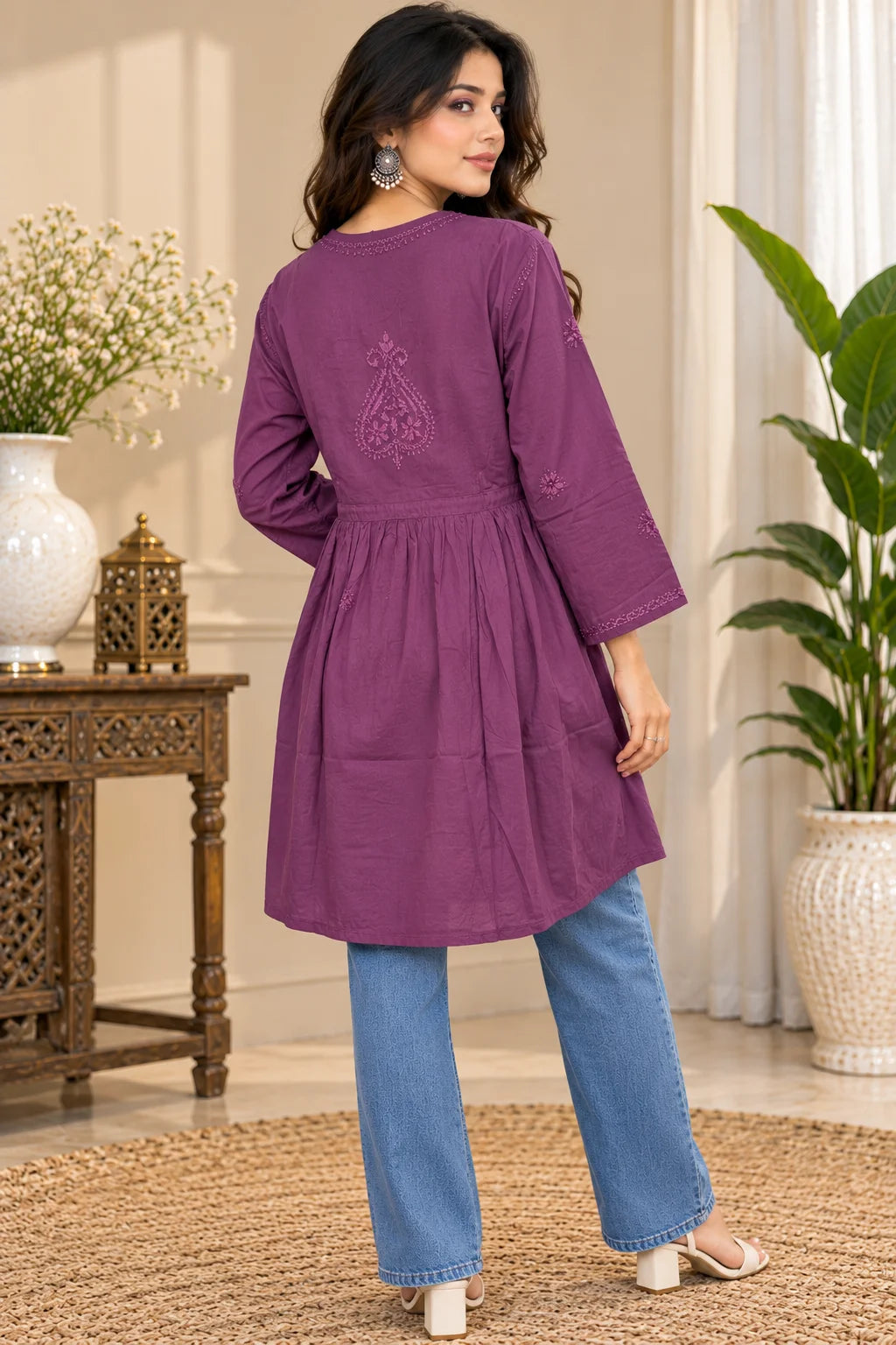 Lucknowi Chikankari Women Mauve 'Jamuni' Cotton Angrakha Styled Short Kurti