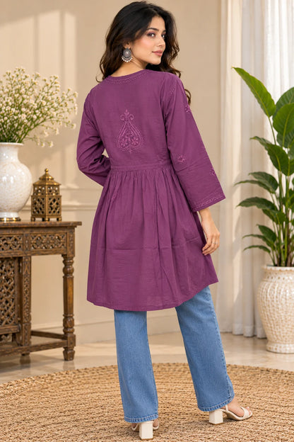Lucknowi Chikankari Women Mauve 'Jamuni' Cotton Angrakha Styled Short Kurti