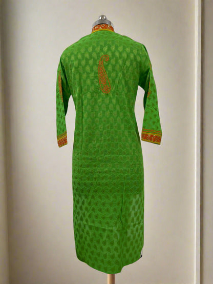 Lucknowi Chikankari Green Chanderi Kurti-PE00010