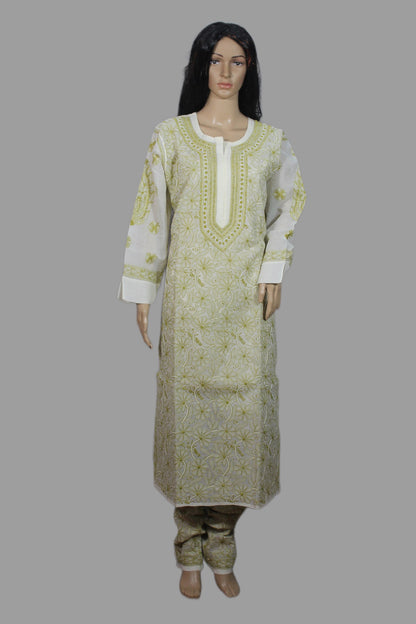 Lucknowi Chikankari Cream Cotton 3 Piece Kurta-Chudidar Pyjama-Dupatta Set-PJ00008