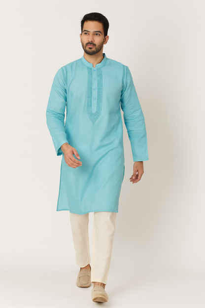 Lucknowi Chikankari Blue 'Aab-e-Asmaan' Cotton Gents Kurta-GK00008