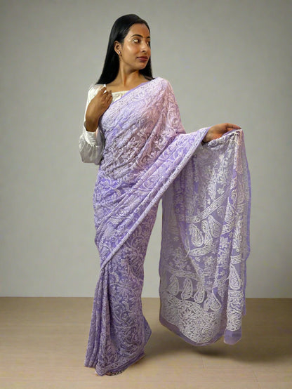 Lucknowi Chikankari Lavender Georgette Saree (With Blouse)-PF100009