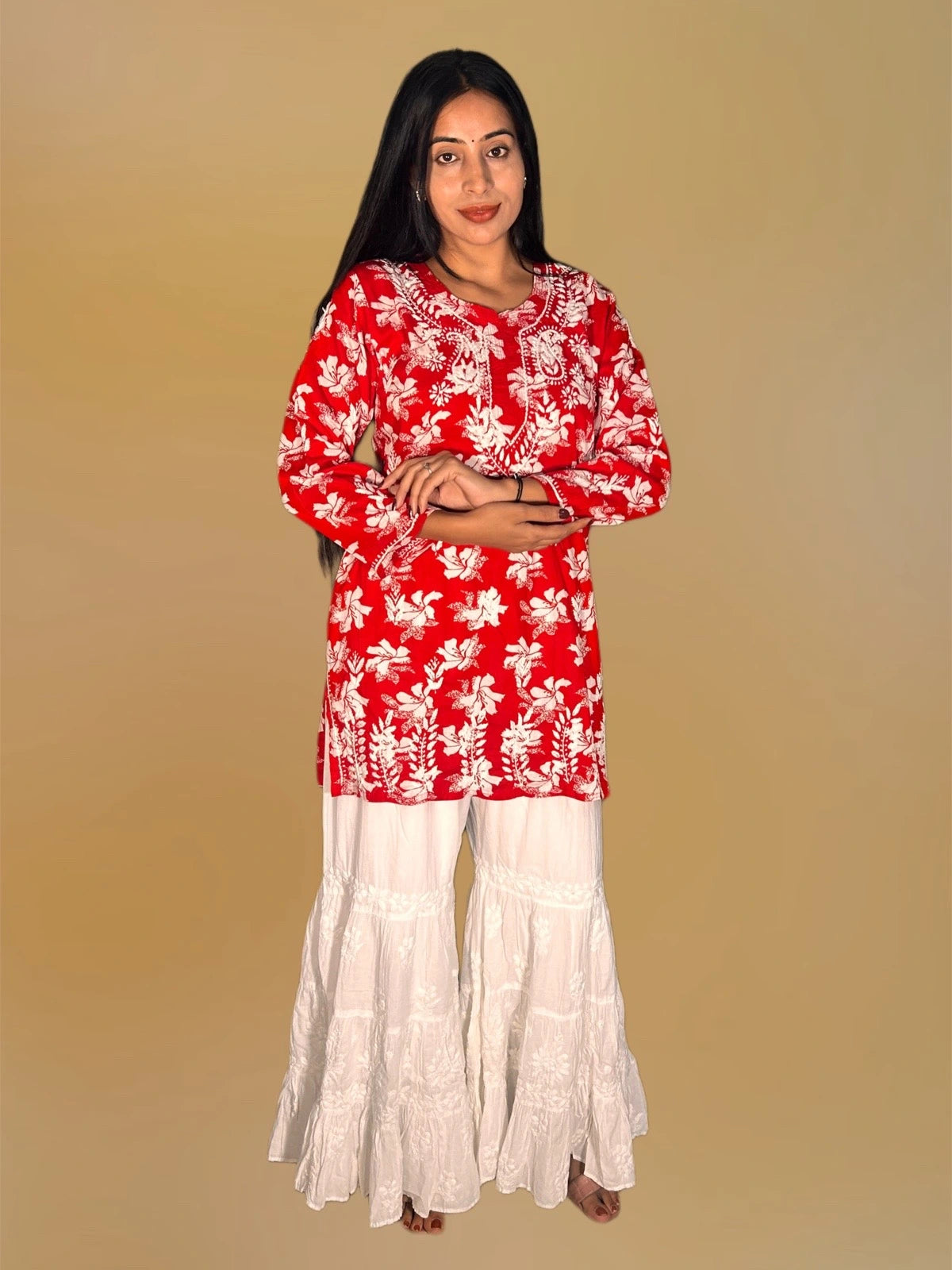 Lucknowi Chikankari Red 'Surkh' Printed Cotton Short Kurti-T000020