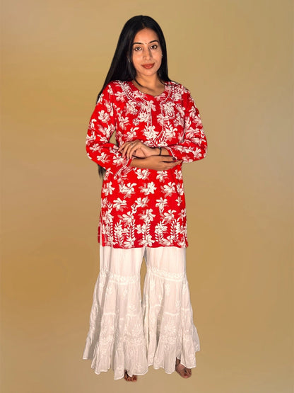 Lucknowi Chikankari Red 'Surkh' Printed Cotton Short Kurti-T000020