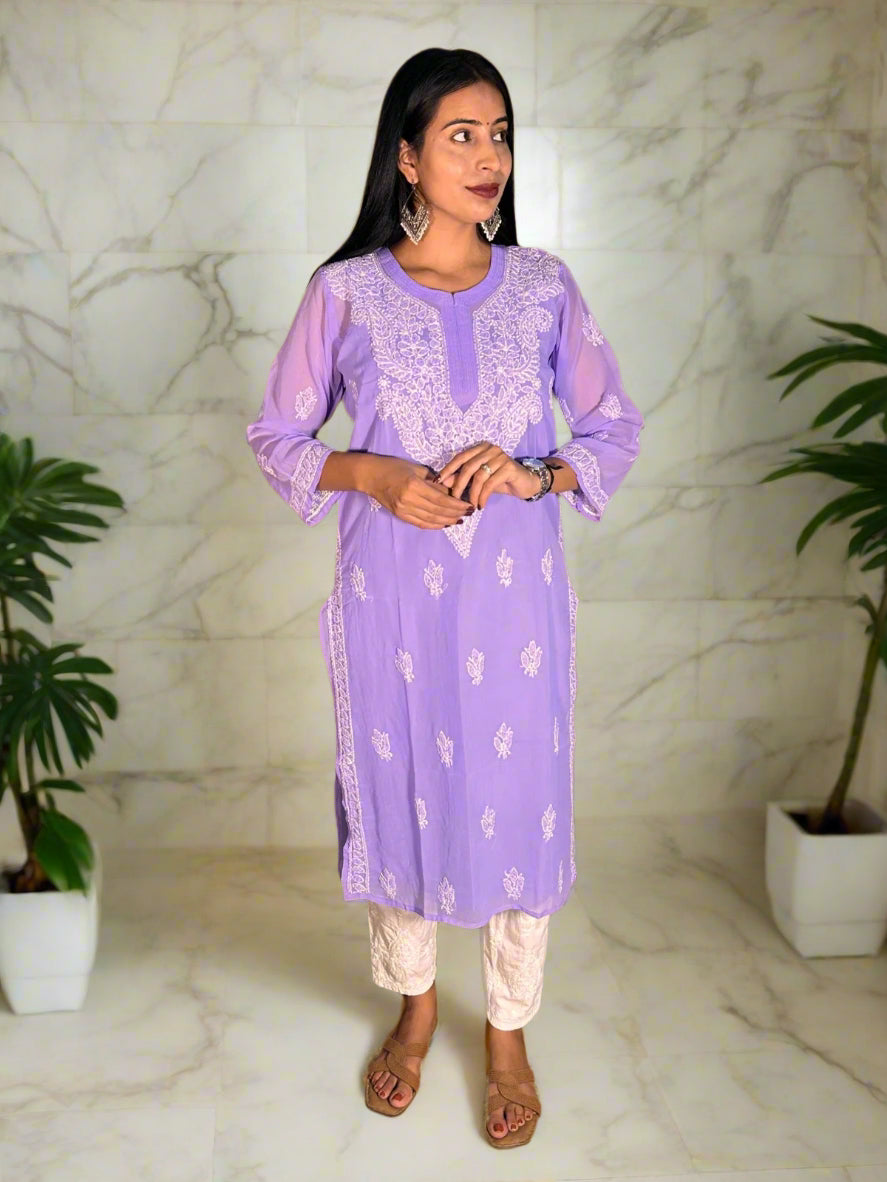 Lucknowi Chikankari Purple Georgette Kurti-K000064