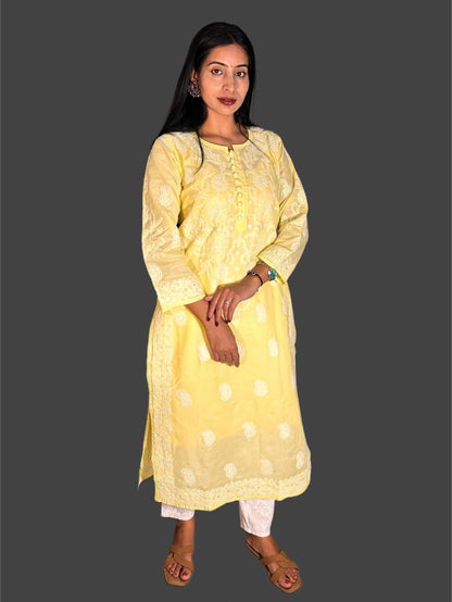 Lucknowi Chikankari Yellow Cotton Kurti-K000054