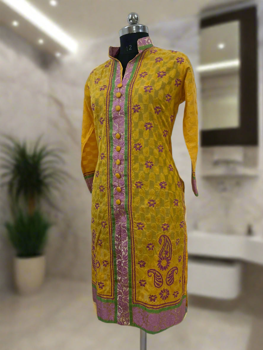 Lucknowi Chikankari Yellow Chanderi Kurti-PE00002