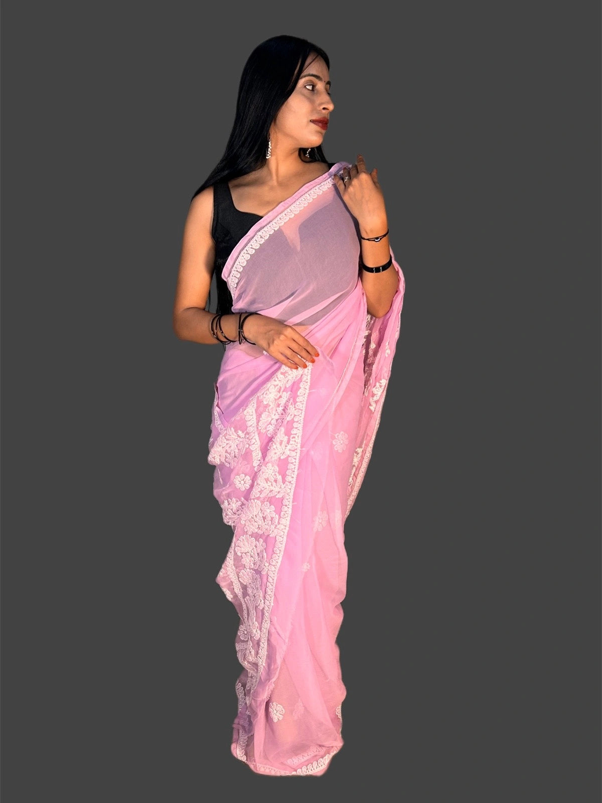 Lucknowi Chikankari Pink Georgette Saree (With Blouse)-S00011