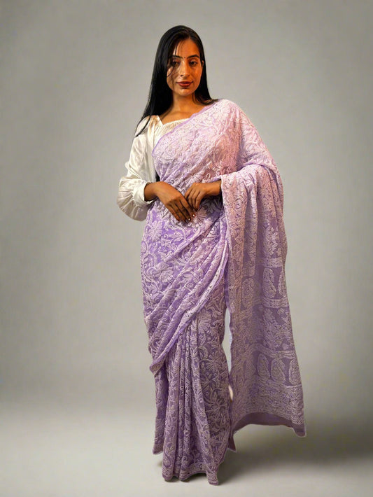 Lucknowi Chikankari Lavender Georgette Saree (With Blouse)-PF100009